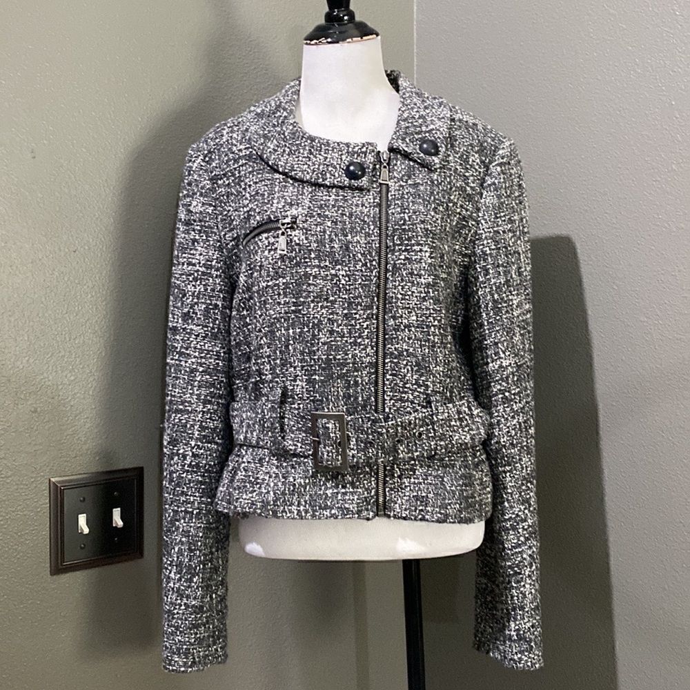 MAC & JAC Belted tweed Moto jacket in black and white